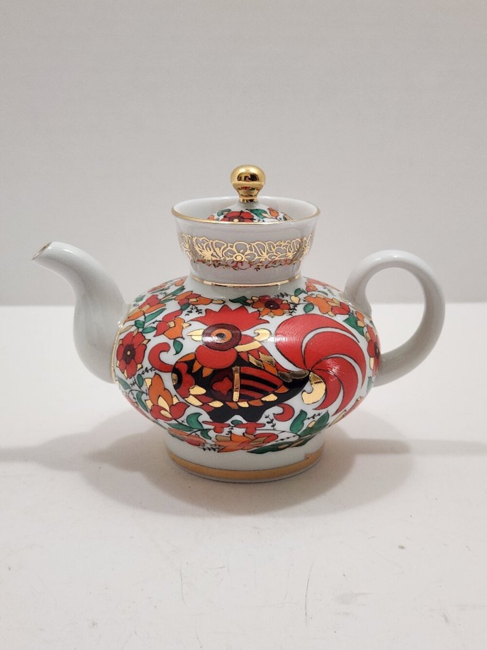 Vintage Lomonosov LFZ USSR Porcelain Red Rooster Teapot Malysh Shape Hand Painte